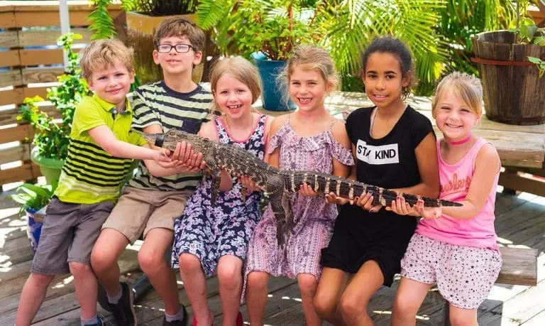 Kids holding a young alligator